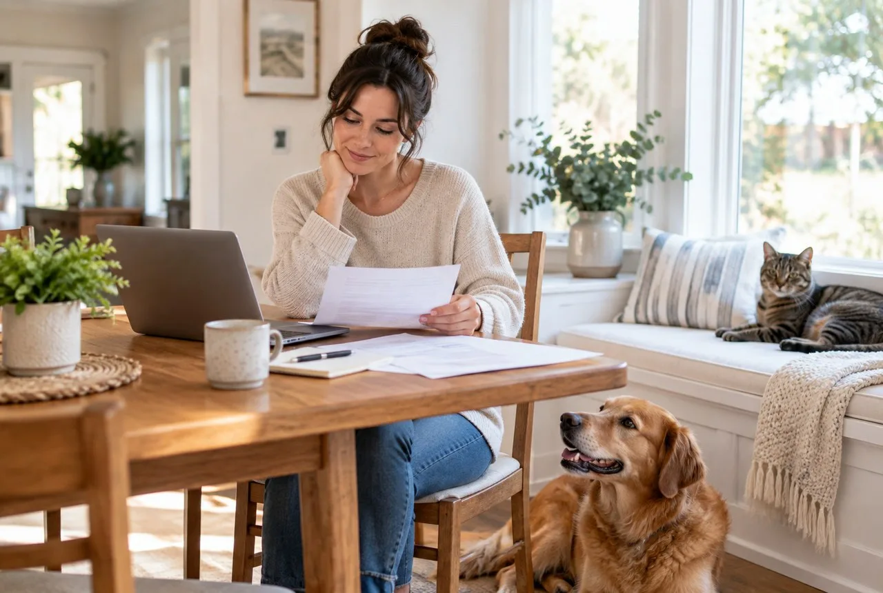 Owner reviewing papers at home with a dog beside the table and a cat on the sofa